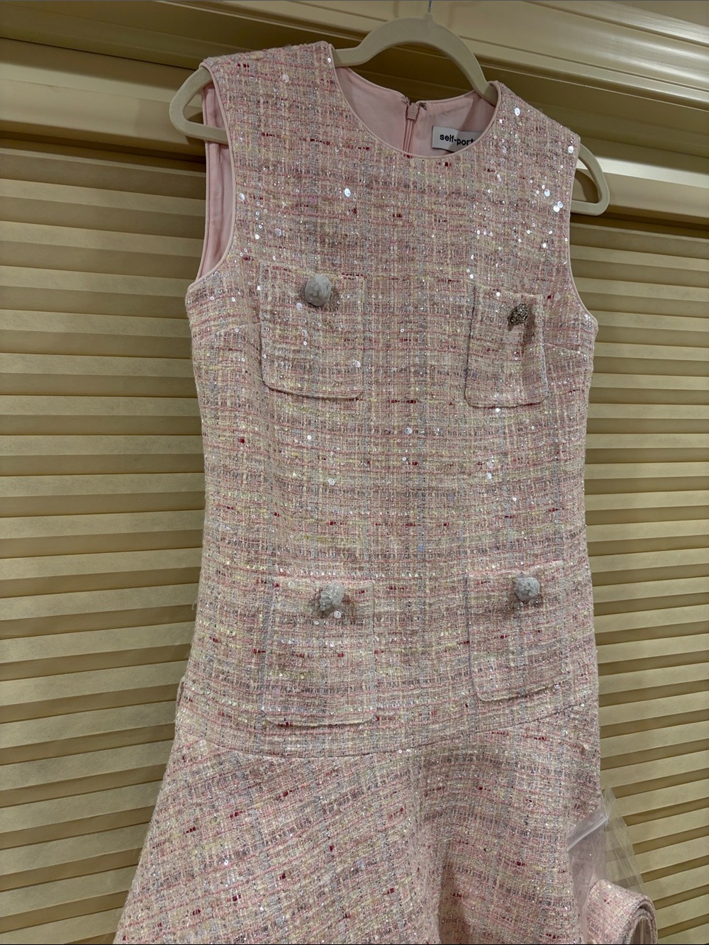 NWOT Self-Portrait Pink Tweed Sleeveless Belted Mini Dress, Size US 6 - Picture 10 of 16